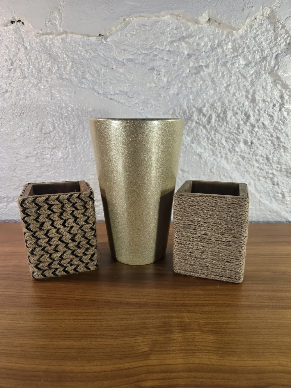 Boho Desk Organizer Set - 3pc Glossy Gold Vase & Burlap Wrapped Pencil Holders